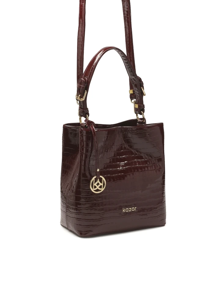 Kazar Maroon Patent Handbag With Exotic Pattern