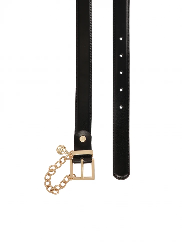 Kazar Narrow Black Leather Belt With Chain