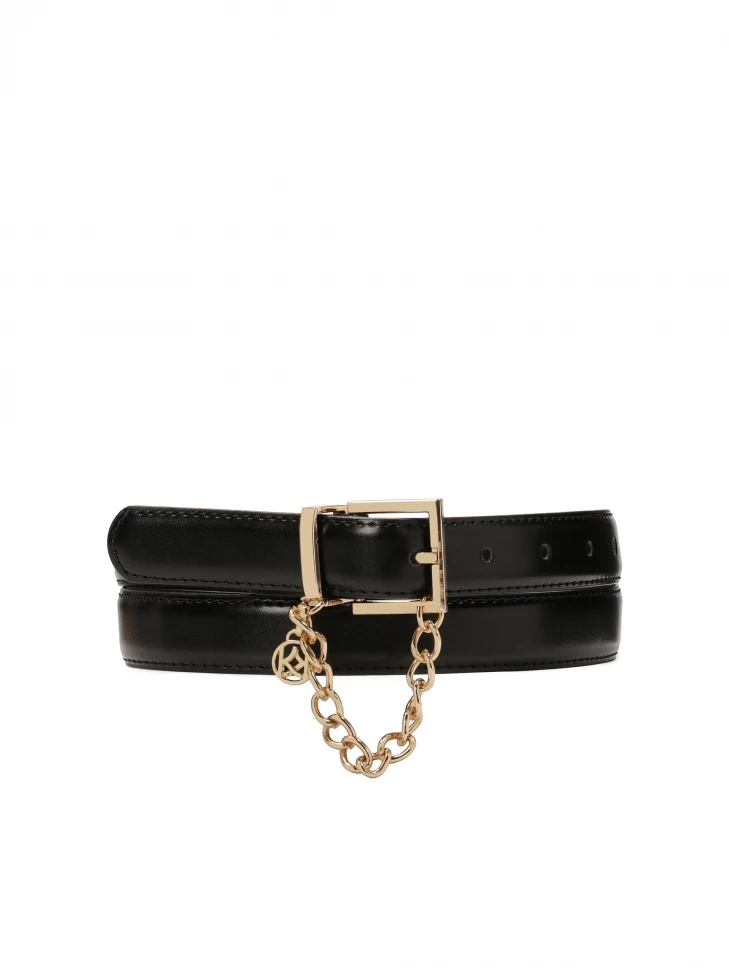 kazar Narrow black leather belt with chain