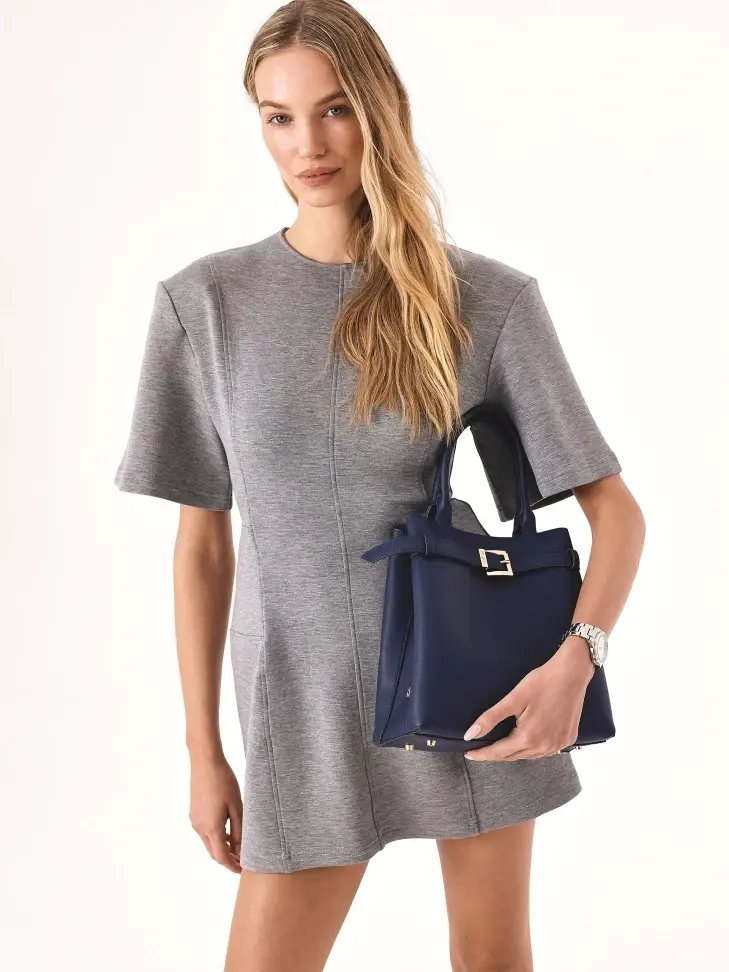 Kazar Navy Blue Handbag With Hand Grips And Strap