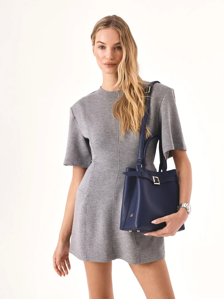 Kazar Navy Blue Handbag With Hand Grips And Strap