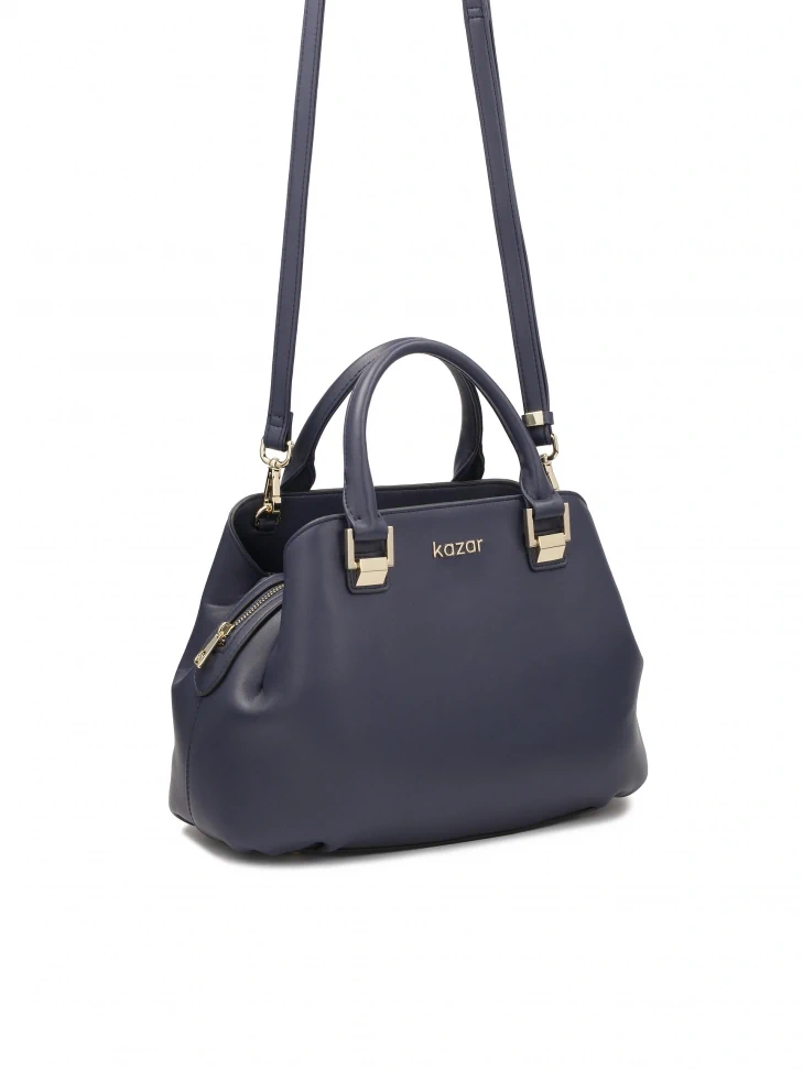 Kazar Navy Blue Leather Handbag With Hand Grips