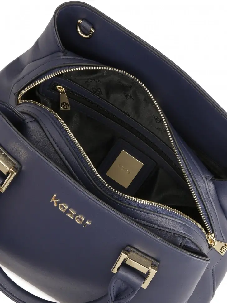 Kazar Navy Blue Leather Handbag With Hand Grips