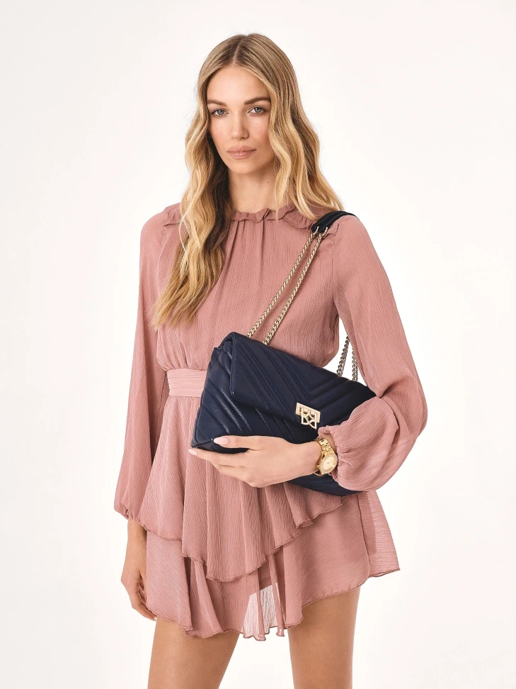 Kazar Navy Blue Quilted Chain Handbag