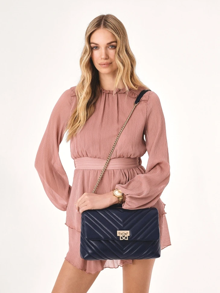 Kazar Navy Blue Quilted Chain Handbag