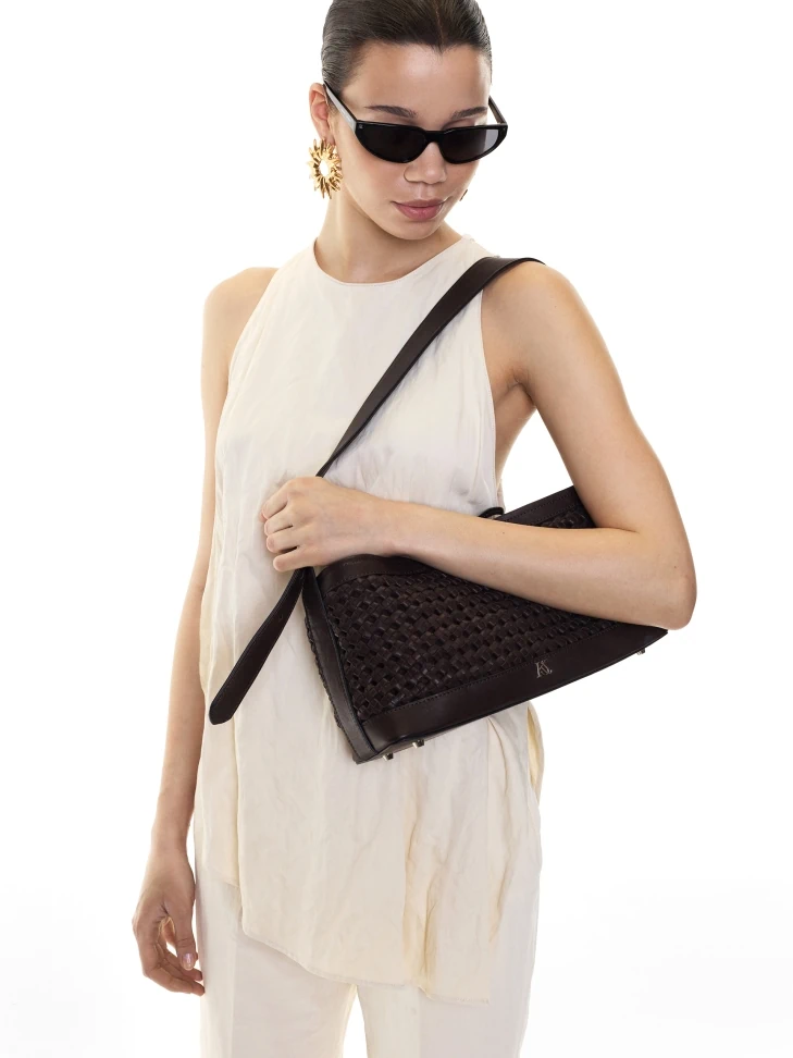 Kazar Oblong Brown Handbag With Braided Pattern