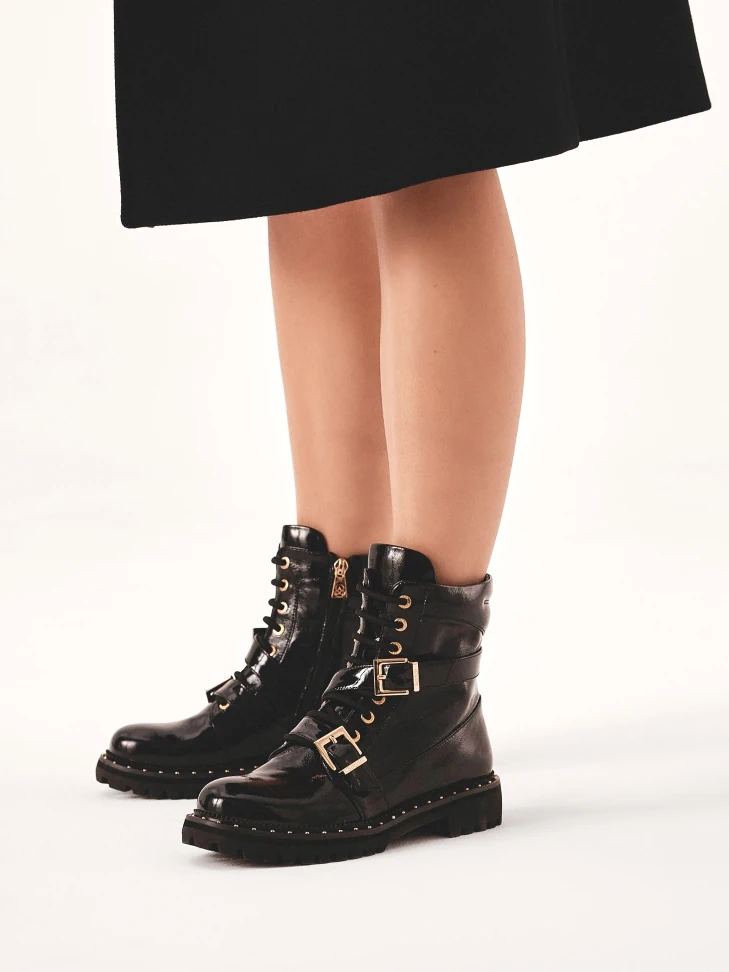 Kazar Patent Leather Boots With Zippers And Laces