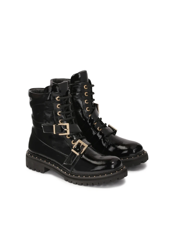 Kazar Patent Leather Boots With Zippers And Laces