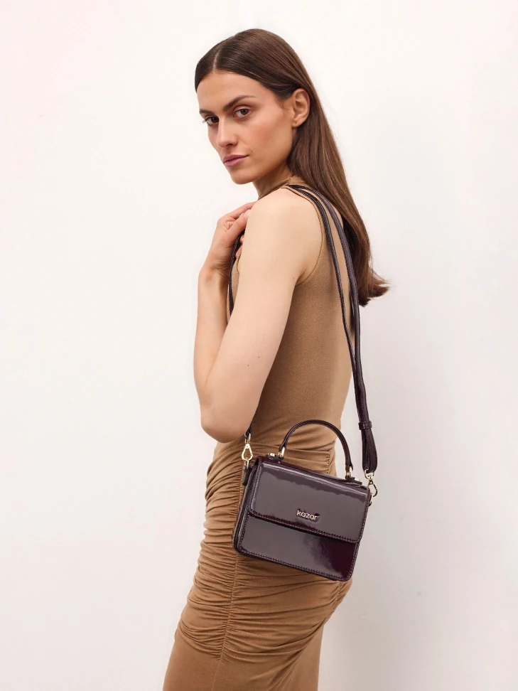 Kazar Patent Maroon Handbag With Handle