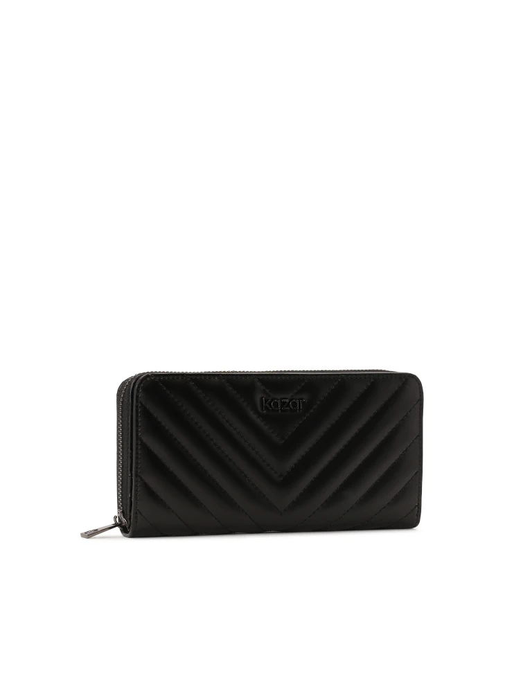 Kazar Quilted Black Glossy Leather Wallet