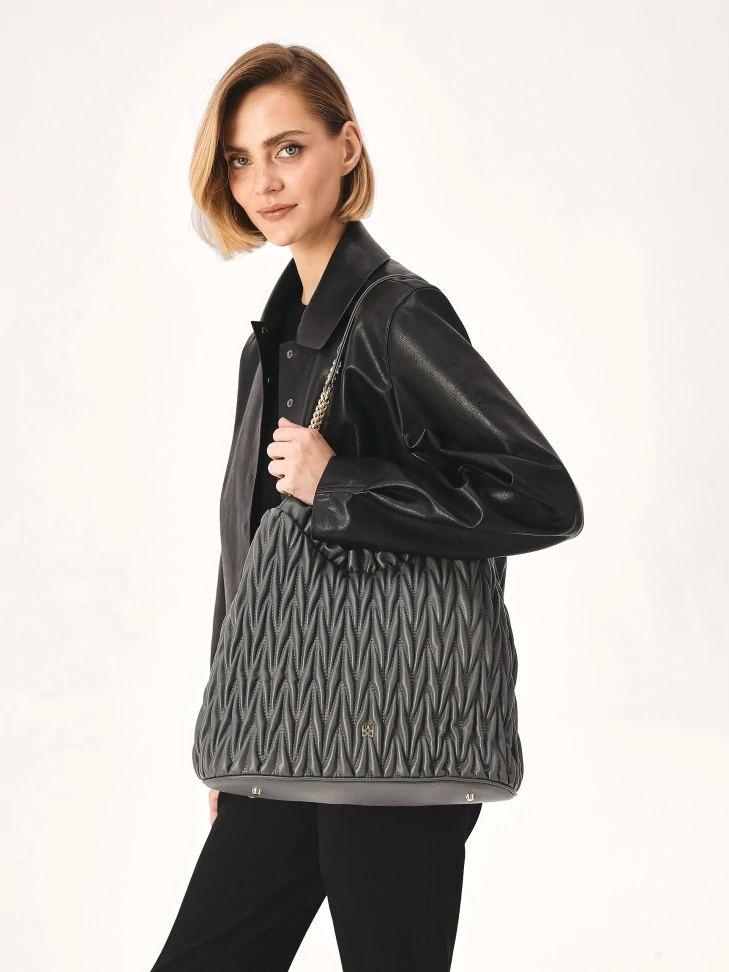 Kazar Quilted Gray Handbag With Long Handles
