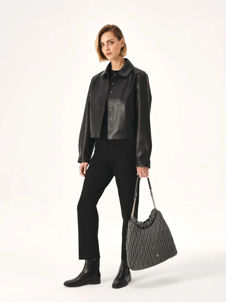 Kazar Quilted Gray Handbag With Long Handles