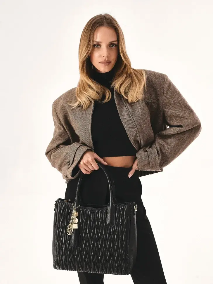Kazar Quilted Handbag With Hand Grips And Key Ring