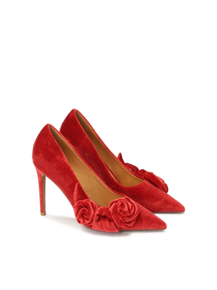 Kazar Red Fabric Pumps With 3D Flowers