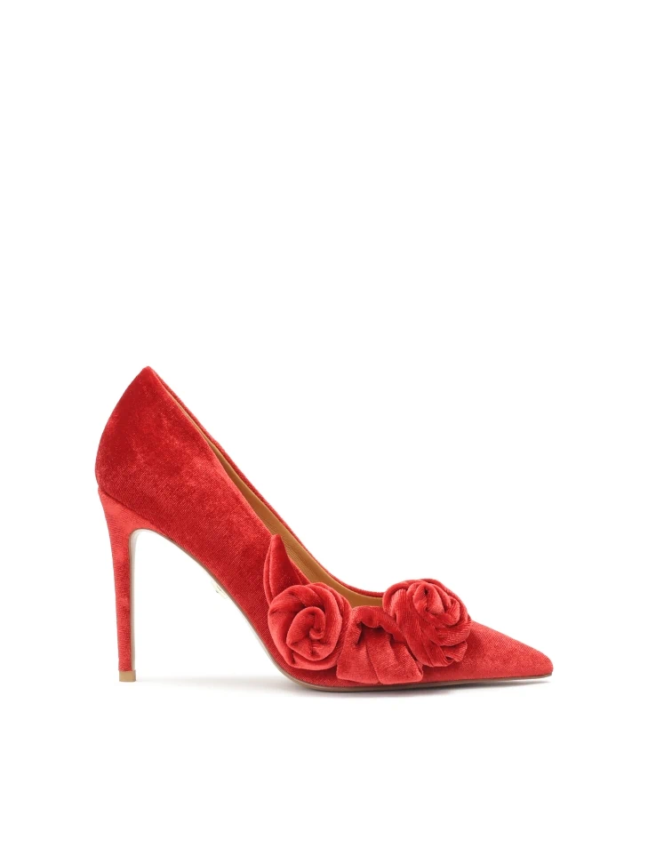 kazar Red fabric pumps with 3D flowers
