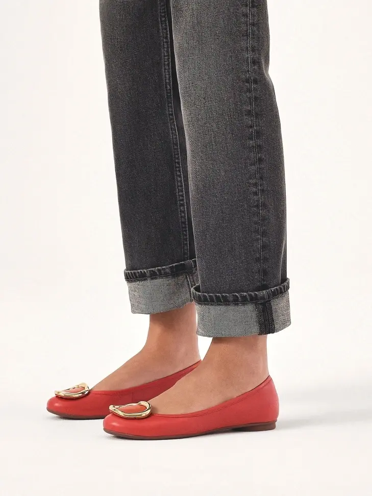 Kazar Red Leather Ballerinas With Metal Accents