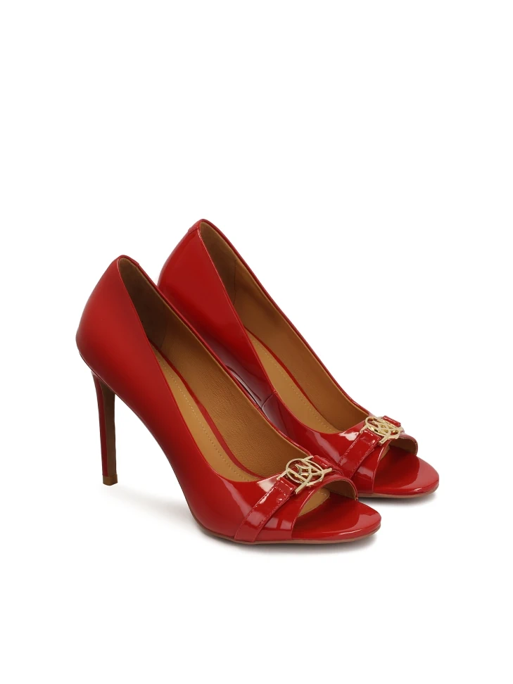 Kazar Red Patent Leather Pumps With Cutout On Toe