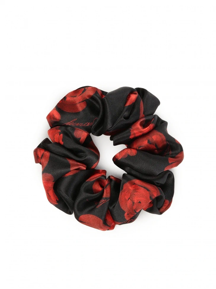 Kazar Satin Black Scrunchie With Red Roses