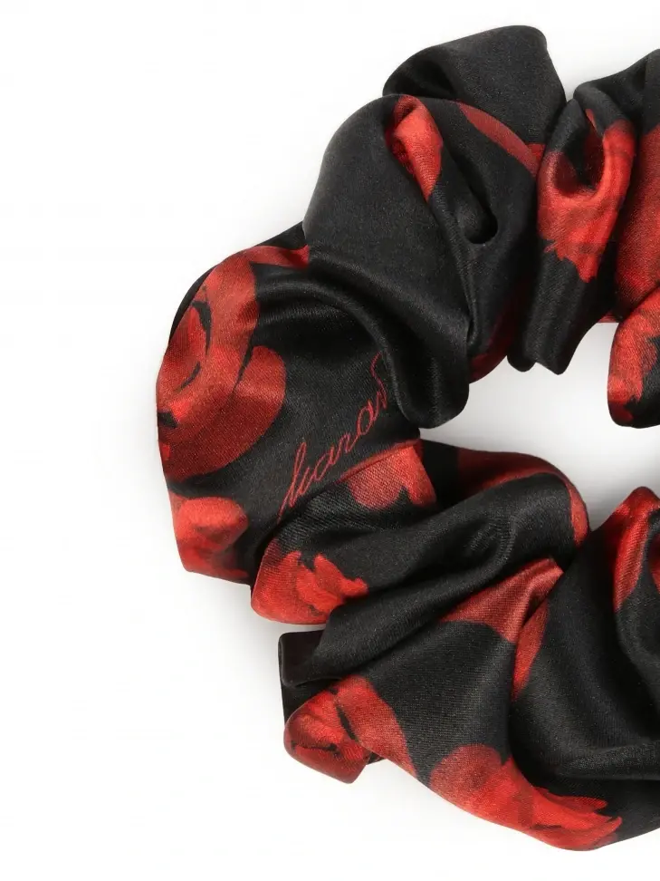 Kazar Satin Black Scrunchie With Red Roses