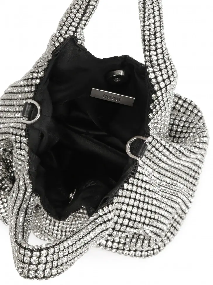 Kazar Shiny Handbag With Zircons And 3D Flowers