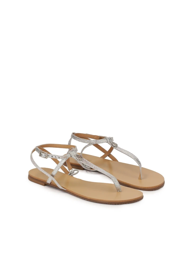 Kazar Silver Embossed Leather Flat Sandals