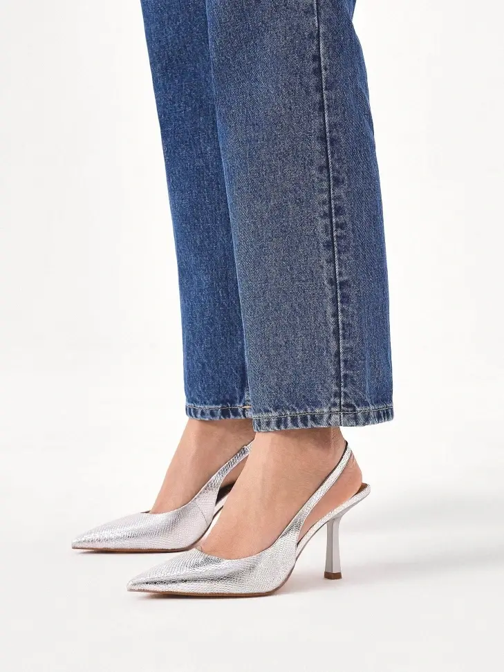 Kazar Silver Embossed Leather Slingback Pumps