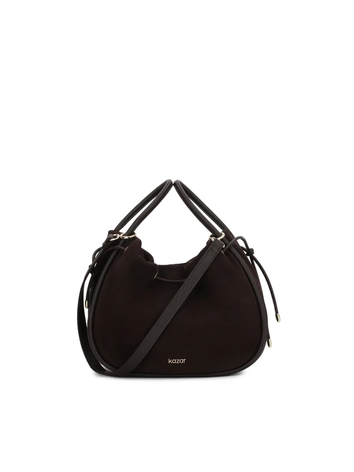 kazar Suede bag in dark brown color with gold logo