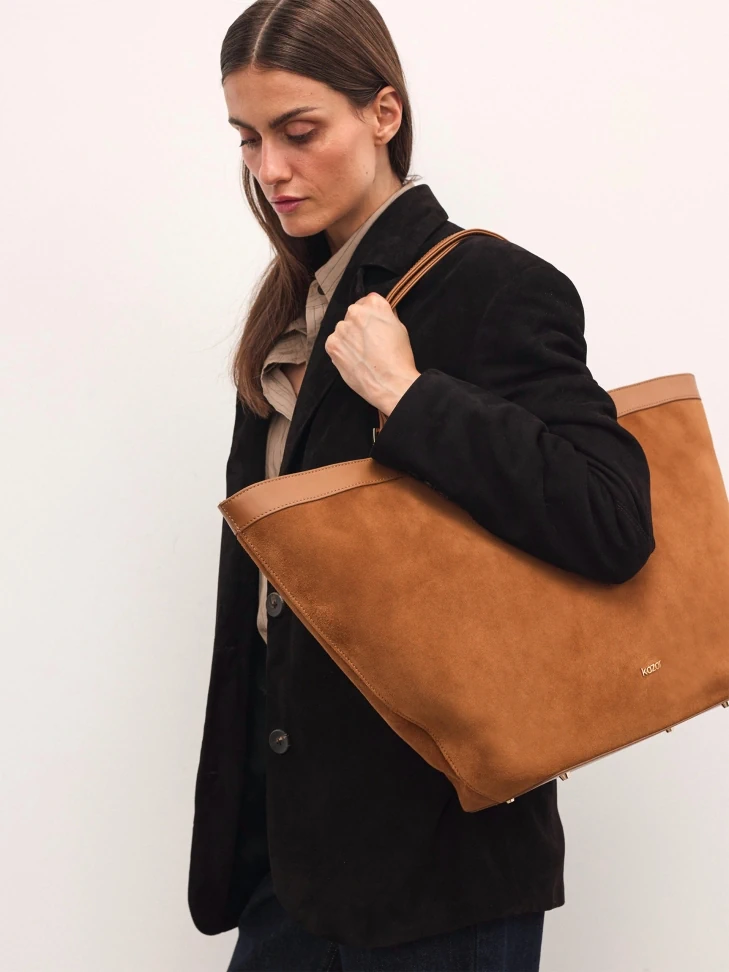 Kazar Suede Light Brown Trapeze Handbag