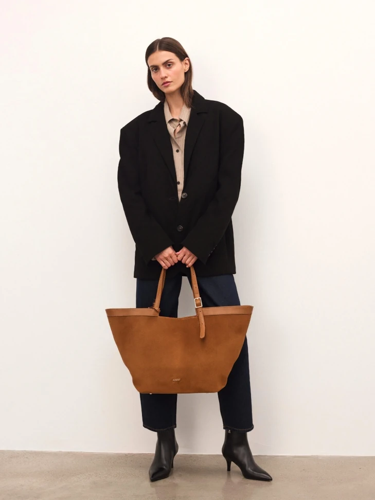 Kazar Suede Light Brown Trapeze Handbag