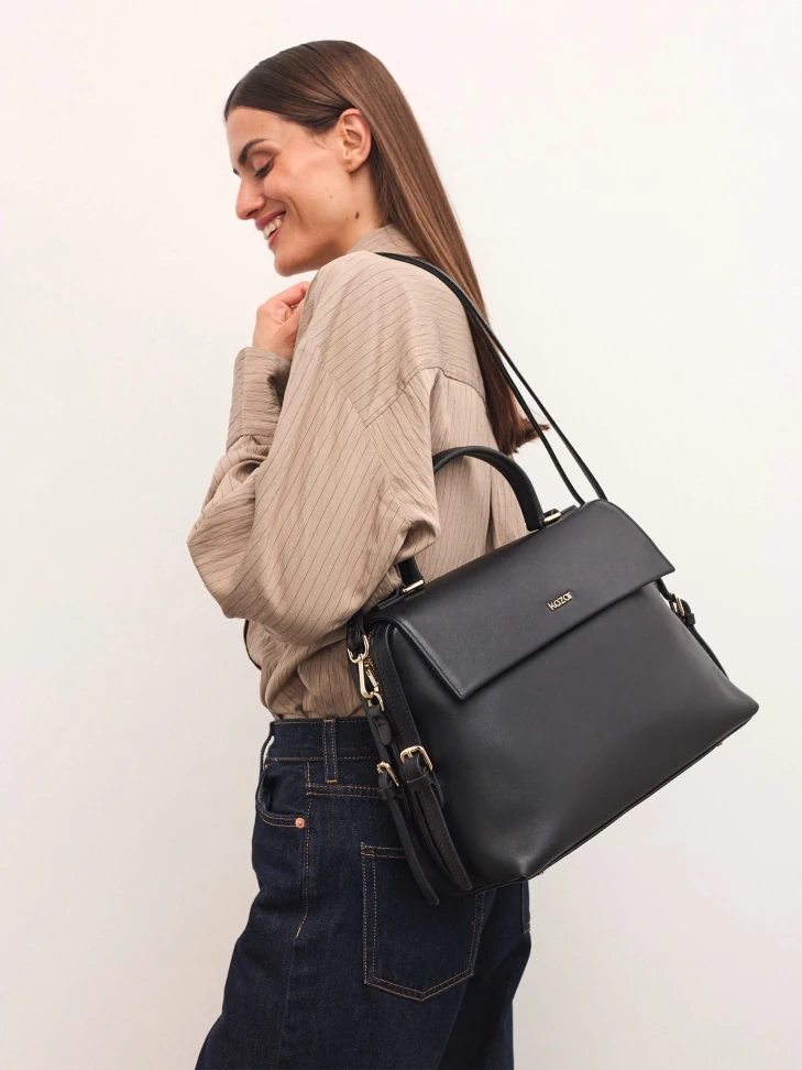 Kazar Trapeze Black Handbag With Flap And Handgrip