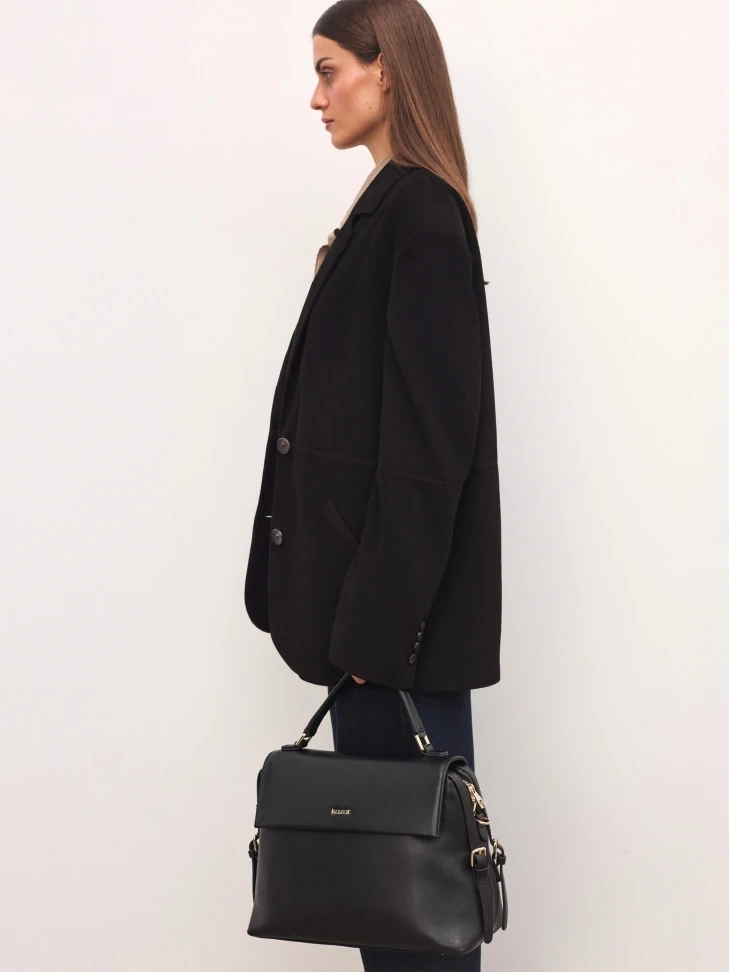 Kazar Trapeze Black Handbag With Flap And Handgrip