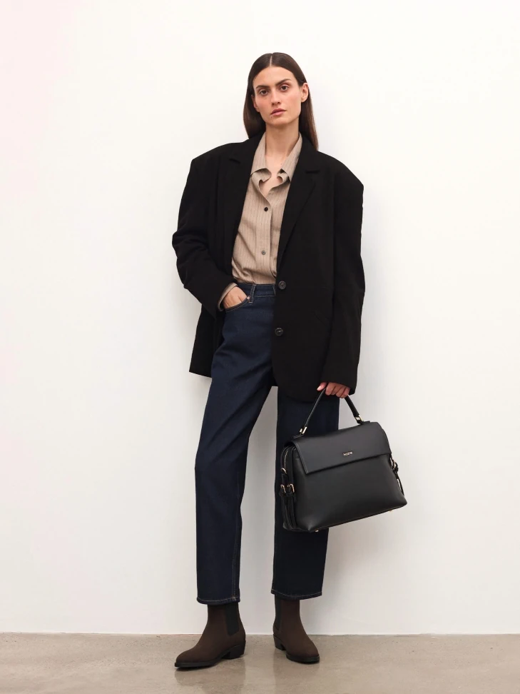 Kazar Trapeze Black Handbag With Flap And Handgrip