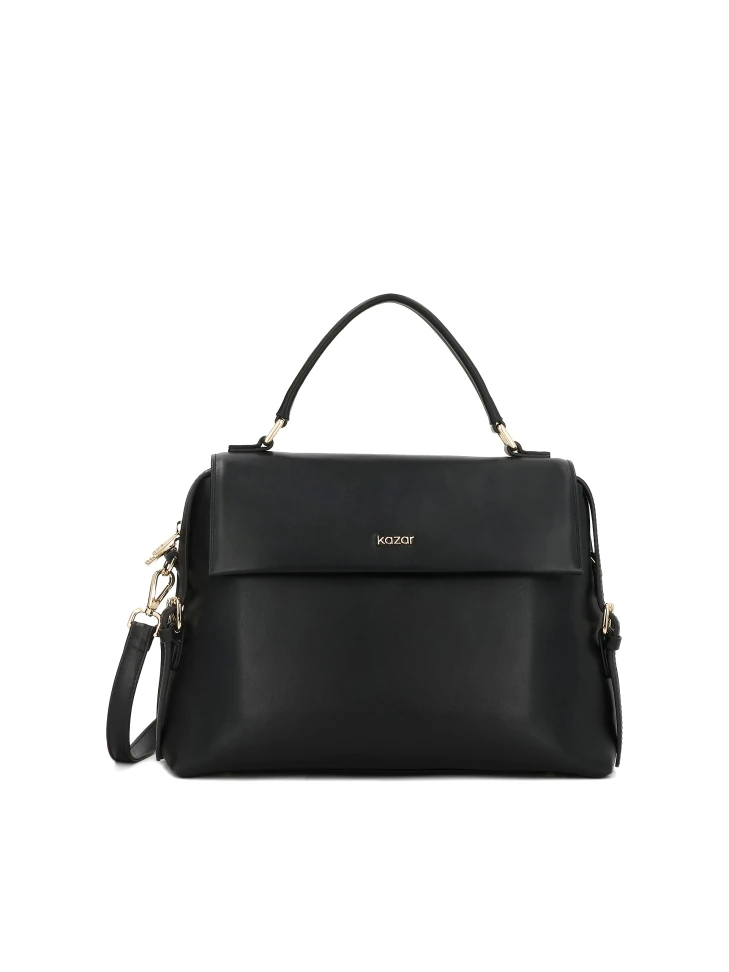 kazar Trapeze black handbag with flap and handgrip