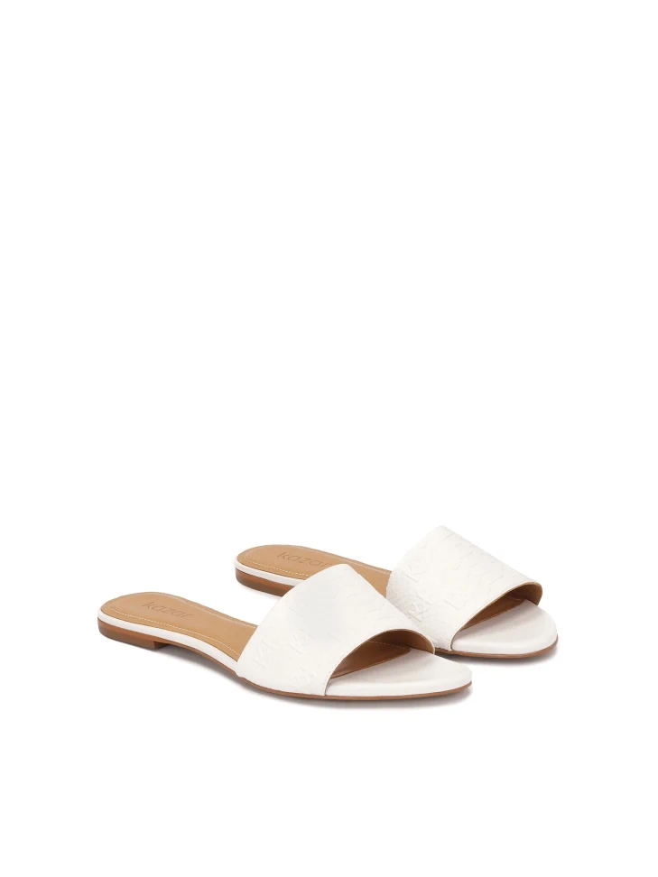 Kazar White Embossed Leather Flat Slides