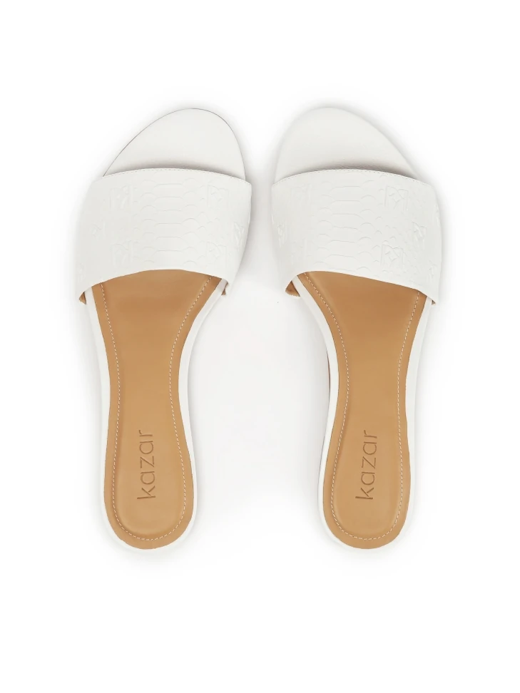 Kazar White Embossed Leather Flat Slides