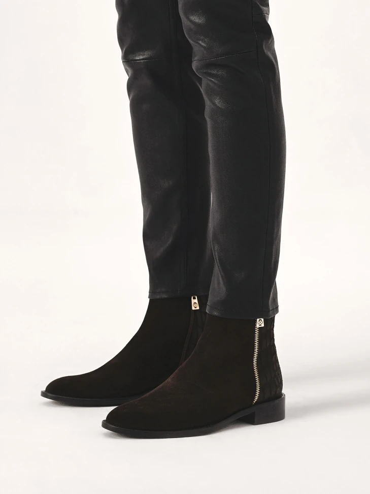 Kazar Zippered Suede Boots With Embossed Pattern