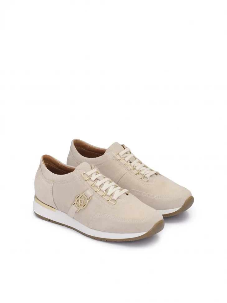 Kazar Ladies' Beige Suede Sneakers Decorated With A Monogram