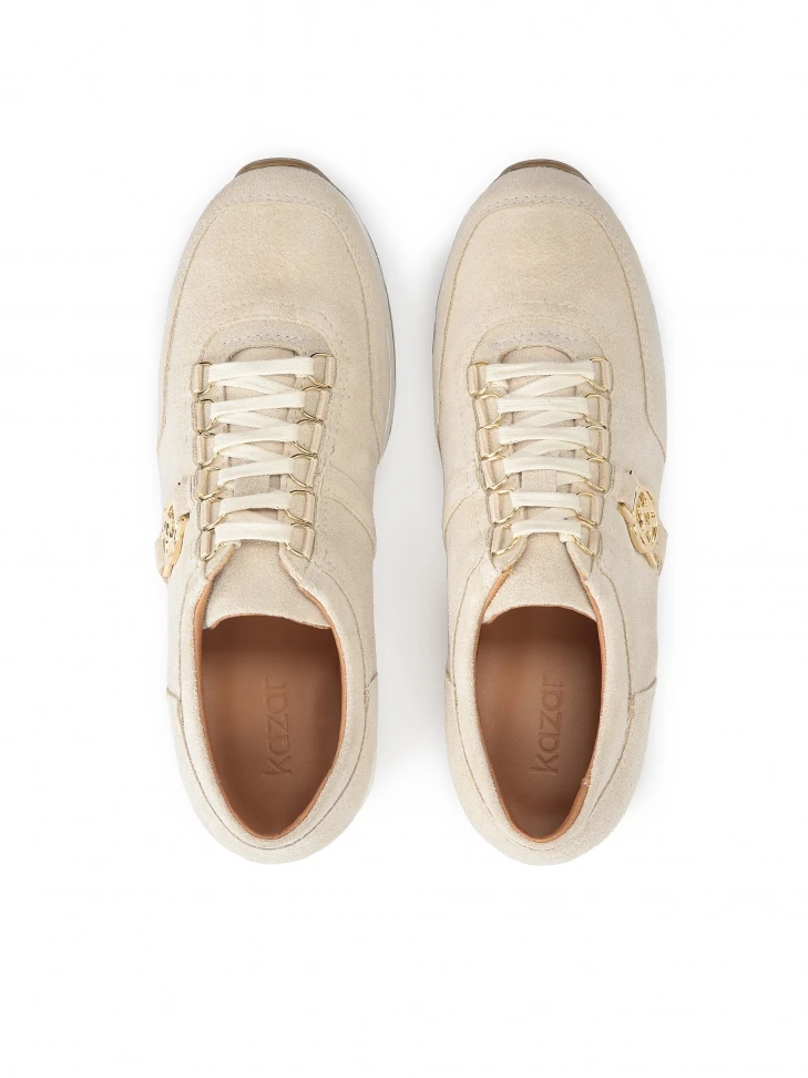 Kazar Ladies' Beige Suede Sneakers Decorated With A Monogram