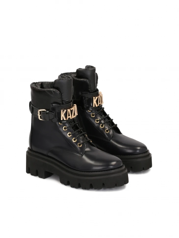 Kazar Ladies’ Leather Flat Ankle Boots With Strap Decorated With Metal Letters