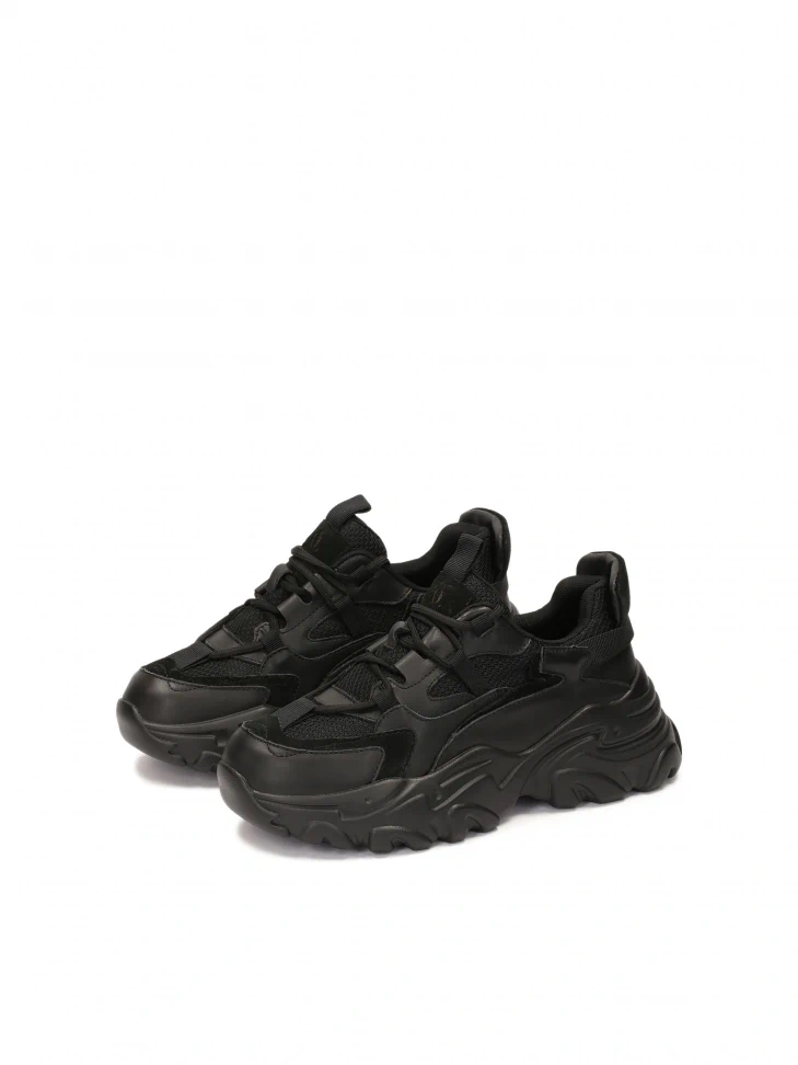 Kazar Ladies’ Modern Black Leather Sneakers On A Thick Sole