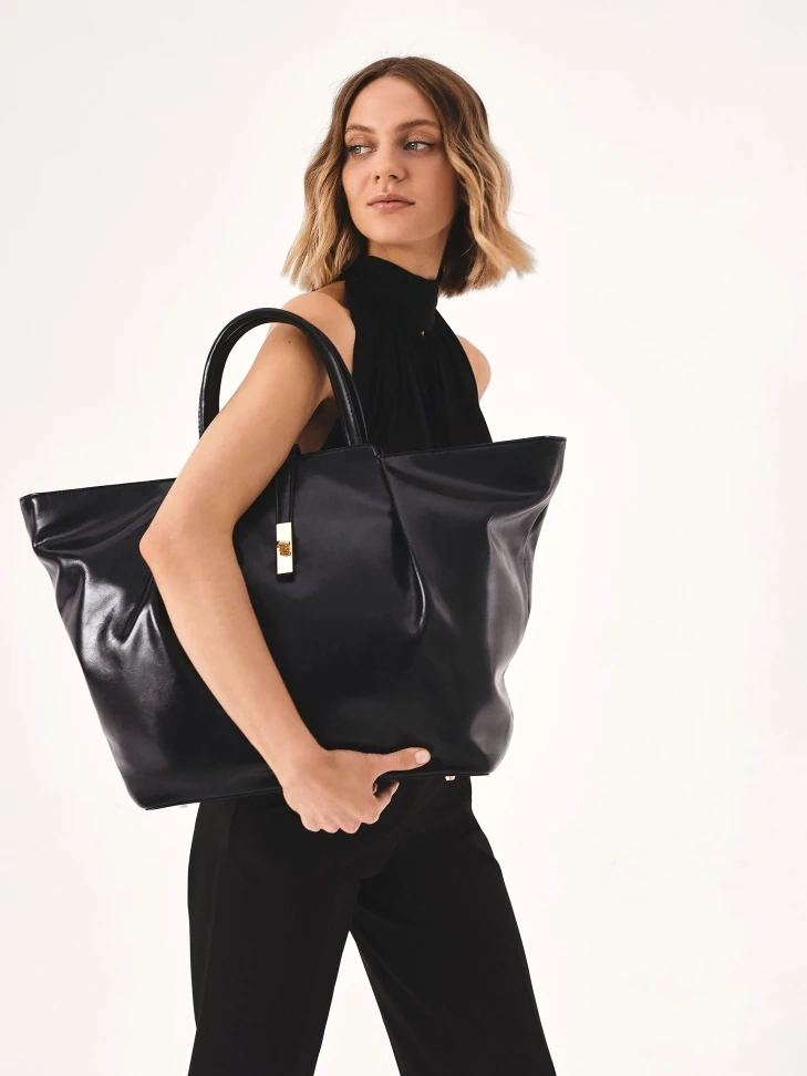 Kazar Large Natural Leather Handbag With Glossy Finish