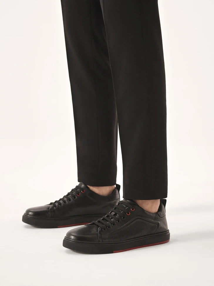 Kazar Leather Black Sneakers With Perforation And Red Insert