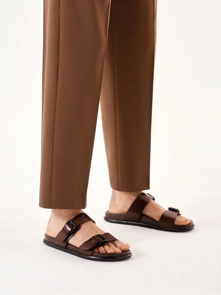 Kazar Leather Brown Slides With Two Adjustable Straps