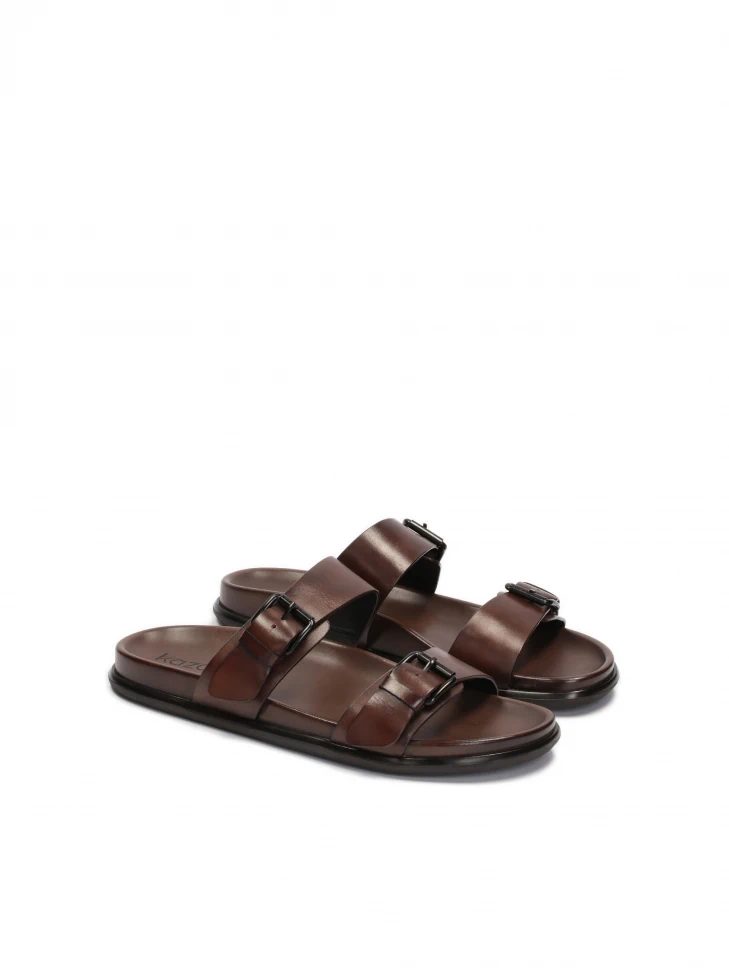 Kazar Leather Brown Slides With Two Adjustable Straps