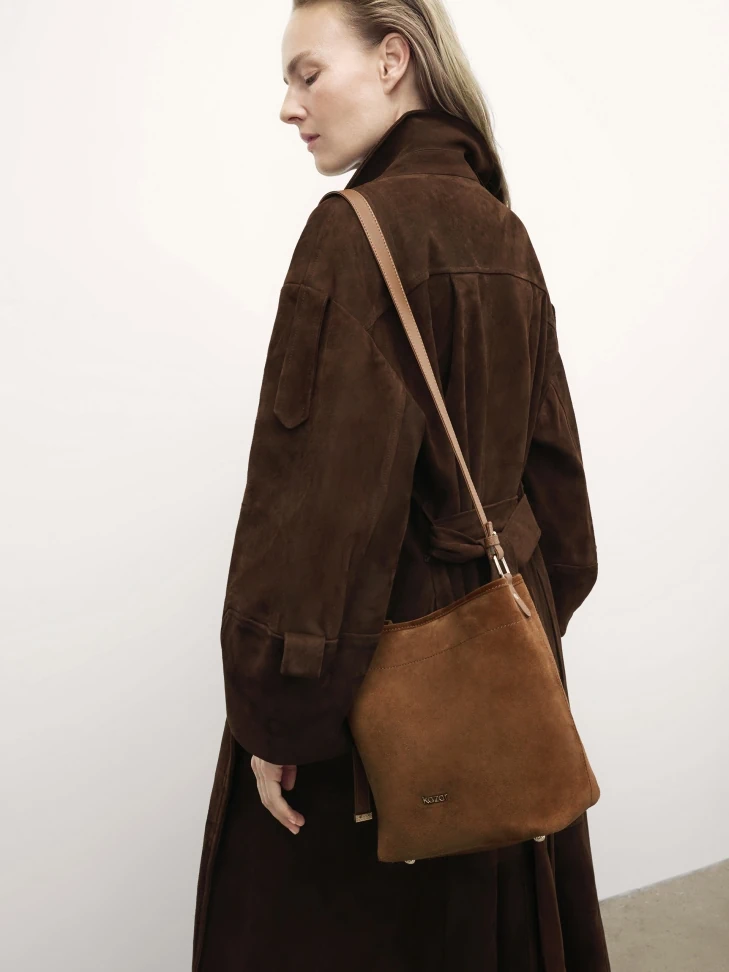 Kazar Light Brown Suede Hobo Handbag With Adjustable Handle