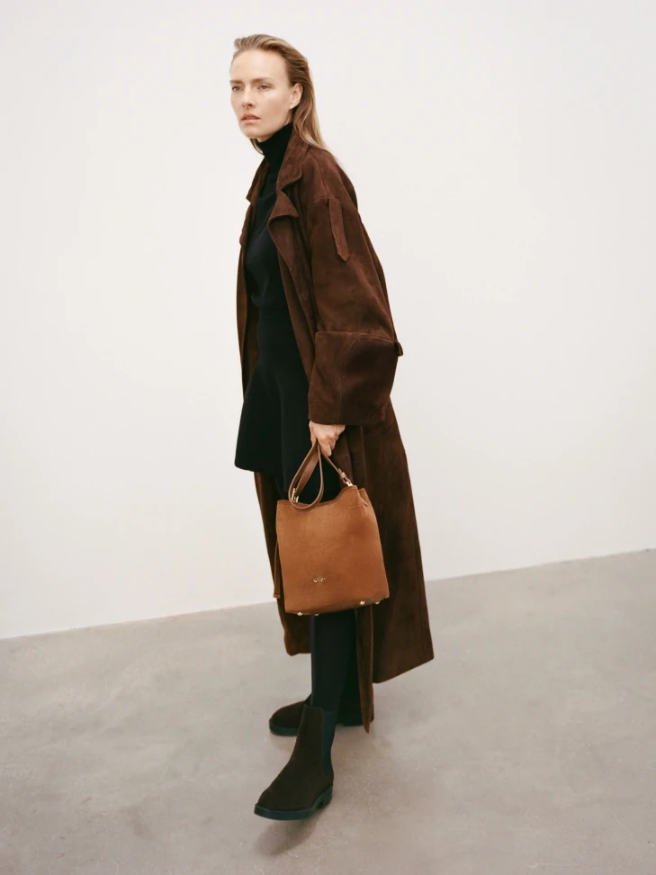 Kazar Light Brown Suede Hobo Handbag With Adjustable Handle