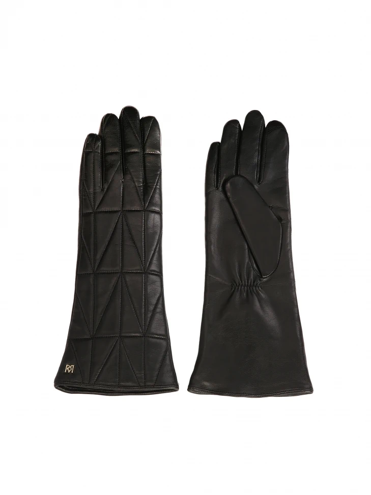 Kazar Long Black Gloves With Geometric Pattern Stitching