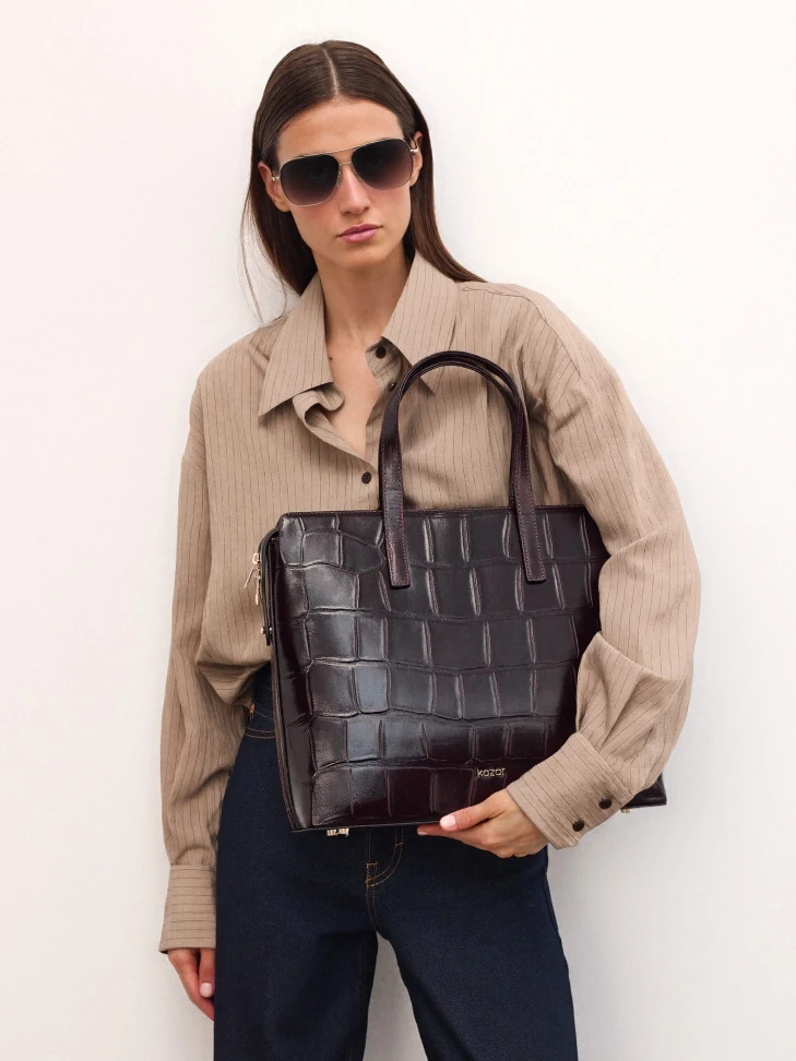 Kazar Maroon Embossed Leather Handbag With Case Holder