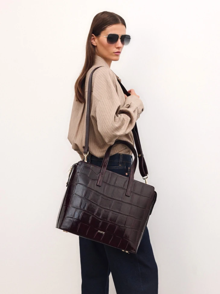 Kazar Maroon Embossed Leather Handbag With Case Holder