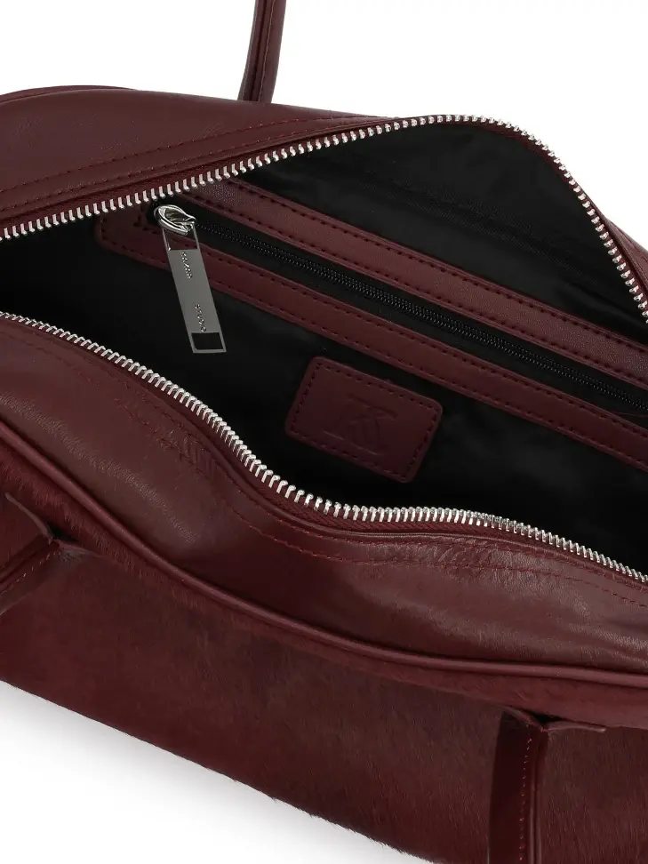 Kazar Maroon Oblong Shaped Leather Handbag With Bristles